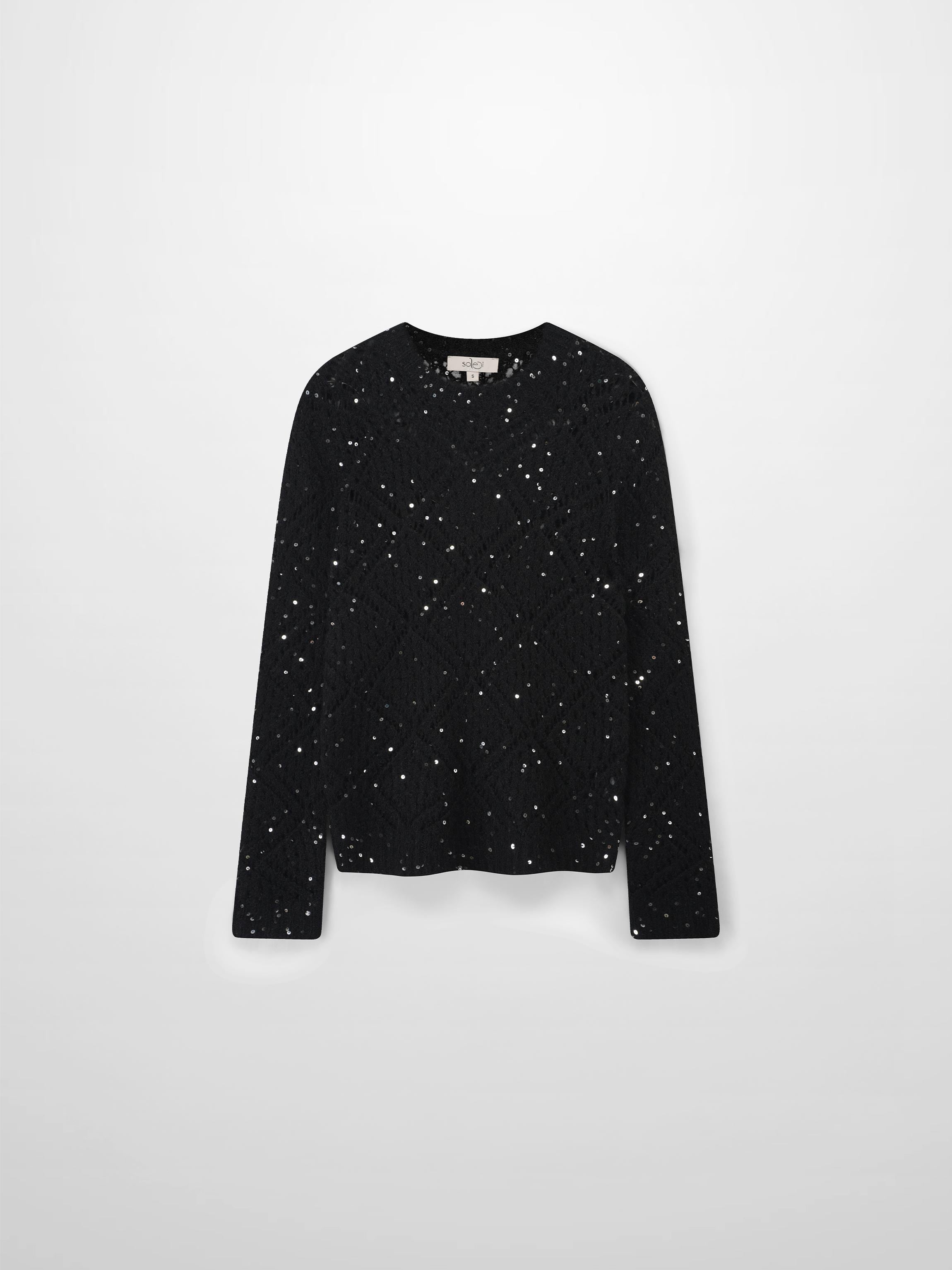 Open Crochet Knit Sequin Sweater-Black
